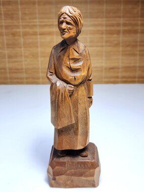 Claude Caron Signed 8" Quebec Folk Art Wood Carving Grandmother St Jean Port